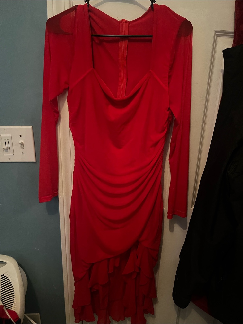 Red Long-Sleeve Draped Ruffle Hem Dress